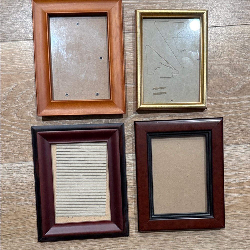Set of 4 Assorted Wood 5x7” Picture Frames - Brown, Black, Gold. EUC